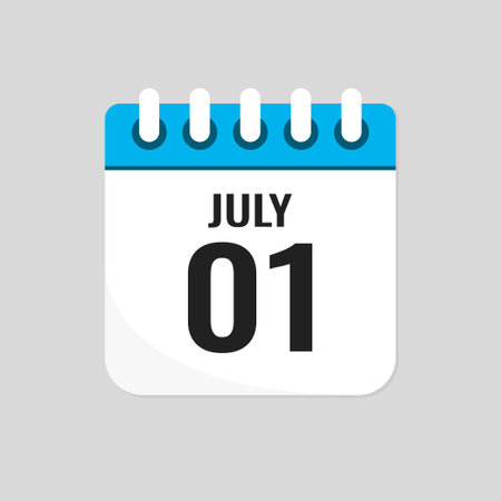 Vector icon page calendar day of month - 1 July. 1st day of month - Sunday, Monday, Tuesday, Wednesday, Thursday, Friday, Saturday. Anniversary, reminder, plan, to-do list. Calender on the wallのイラスト素材