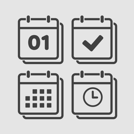 Set vector icons page calendar - number 1, agenda app, timer, mark done. Yes, success, check, approved, confirm reminder and schedule. Time, clock and reminderのイラスト素材