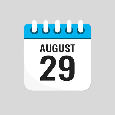 Vector icon page calendar day of month - 29 August. 29th day of month - Sunday, Monday, Tuesday, Wednesday, Thursday, Friday, Saturday. Anniversary, reminder, plan, to-do list. Calender on the wallのイラスト素材