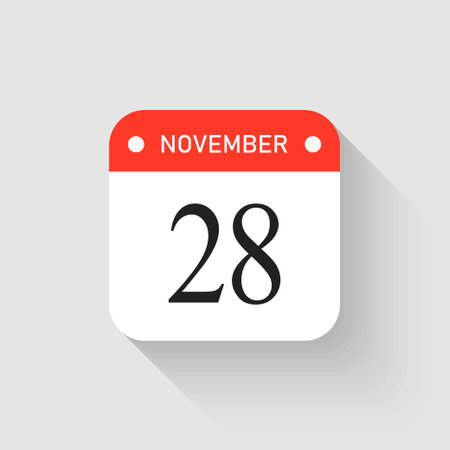 Vector icon page day calendar - 28 November. Pictogram template for anniversary, reminder, schedule, planning. Simple illustration reminder 28th day of month. Calendar on the wall for date, to-do listのイラスト素材