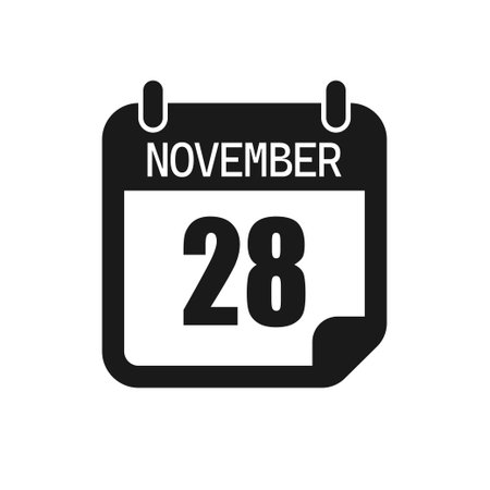 Vector icon page day calendar - 28 November. Pictogram template for anniversary, reminder, schedule, planning. Simple illustration reminder 28th day of month. Calendar on the wall for date, to-do listのイラスト素材