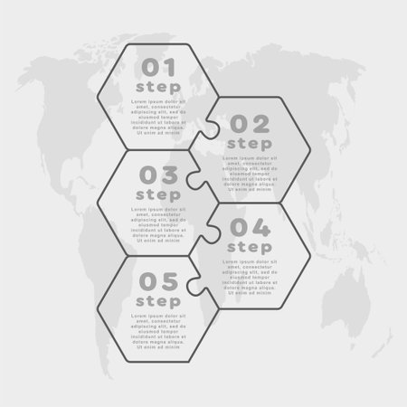 Vector puzzle diagram infographic process on 5 parts, options or processes. Template time line for diagram, graph, presentation and chart. Five steps hexagon jigsaw for business, flow conceptのイラスト素材