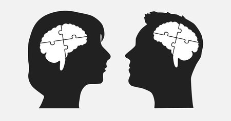 Puzzles parts made woman and man head. Challenge logic, creativity, skills. Silhouette face for psychology, brain activity, mental health and well-being. Template jigsaw puzzle infographic, diagramのイラスト素材