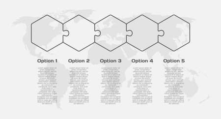 Contour diagram infographic process on 5 parts, options or processes. Template timeline for graph, presentation and chart. Five steps transparent part hexagon puzzle pieces for business, flow conceptのイラスト素材