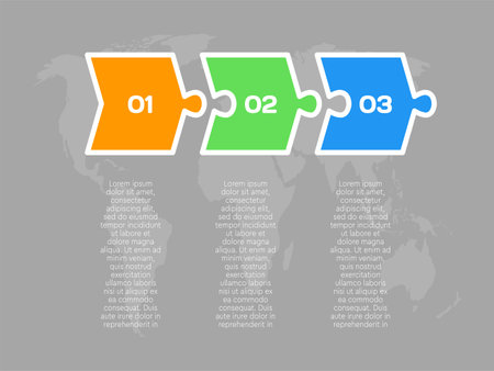 Vector diagram infographic process on 3 parts, options or processes. Template timeline for graph, presentation and chart. Three steps color part arrow puzzle pieces for business, flow conceptのイラスト素材