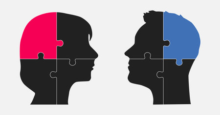 Puzzles parts made woman and man head. Challenge logic, creativity, skills. Silhouette face for psychology, brain activity, mental health and well-being. Template jigsaw puzzle infographic, diagramのイラスト素材