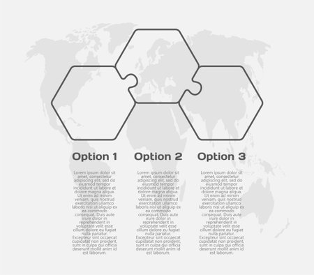 Contour diagram infographic process on 3 parts, options or processes. Template timeline for graph, presentation and chart. Three steps transparent part hexagon puzzle pieces for business, flow conceptのイラスト素材