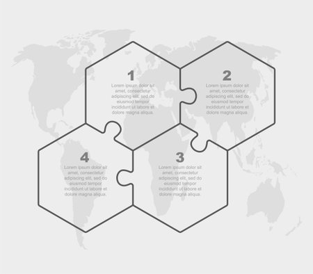 Vector puzzle diagram infographic process on 4 parts, options or processes. Template time line for diagram, graph, presentation and chart. Four steps hexagon jigsaw for business, flow conceptのイラスト素材