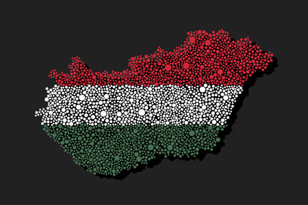Vector silhouette Hungary with national flag from color dots isolated on background. Abstract template map Europe country flag for design, illustration, pattern, infographic, backdrop. Symbol Hungaryのイラスト素材