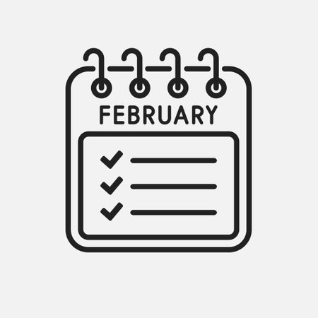 Icon square page calendar month - February. Monthly to-do and check list. Vector simple pictogram shopping checklist. Template calendar for schedule, planning purchase for monthのイラスト素材