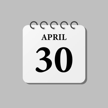 Vector icon page calendar day of month - 30th April. Thirtieth day of month, week minimal style. Calendar on the wall for plan, to-do list. Sunday, Monday, Tuesday, Wednesday, Thursday Friday Saturdayのイラスト素材