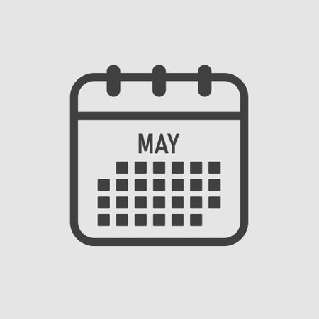 Vector icon calendar month - May. Vector icon illustration flat minimal style. Agenda app of month. Day -Sunday, Monday, Tuesday, Wednesday, Thursday, Friday, Saturday. To do list, reminderのイラスト素材