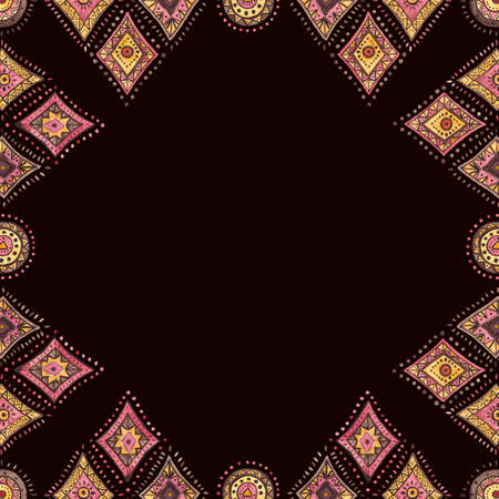 Watercolor Frame With Pink and Yellow Oriental Ornament on Dark Backgroundの写真素材