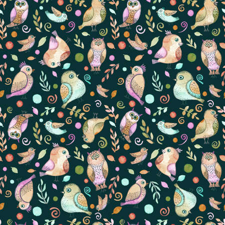 Watercolor Seamless Texture With Funny Blue Birds and Leaves on Dark Backgroundの写真素材