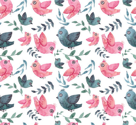 Seamless Texture With Watercolor Little Blue and Light Pink Birds And Leaves