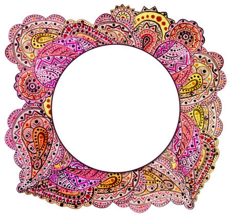 Vignette with Watercolor Indian Bright Pink and Yellow Paisleyの写真素材