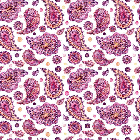 Watercolor Bright Pink and Purple Paisley Seamless Repeat Patternの写真素材