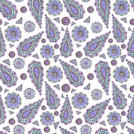 Watercolor Bright Blue and Violet Indian Paisley Repeat Patternの写真素材