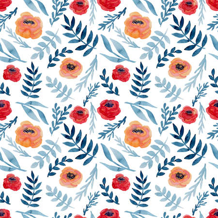 Seamless Texture With Watercolor Red Poppies And Deep Blue Leaves