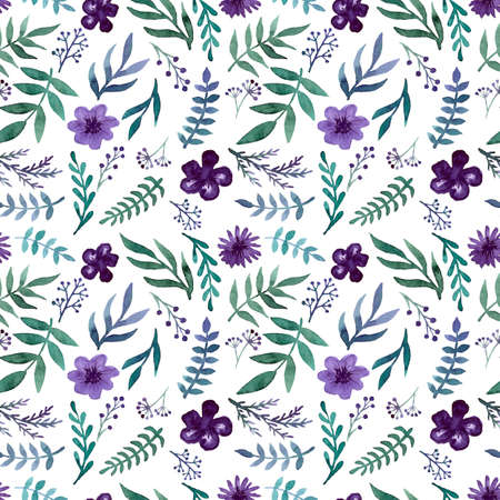 Seamless Repeat Pattern With Watercolor Violet Flowers, Berries and Green Herbs
