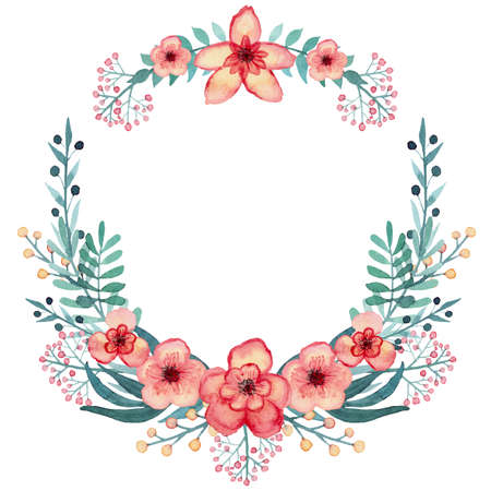 Wreath with Watercolor Red Tropical Flowers, Berries and Deep Green Leavesの写真素材