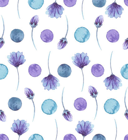 Watercolor Lilac and Blue Flowers and Confetti Seamless Patternの写真素材