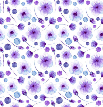 Watercolor Violet Flowers And Little Spots Repeat Patternの写真素材