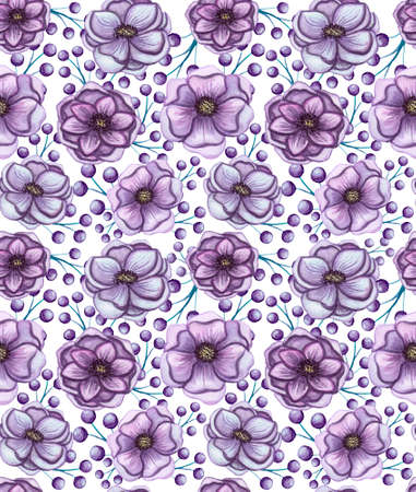 Seamless Pattern of Watercolor Violet Flowers And Berriesの写真素材