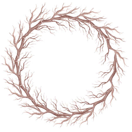 Round Wreath With Watercolor Tree Branches in Rustic Styleの写真素材