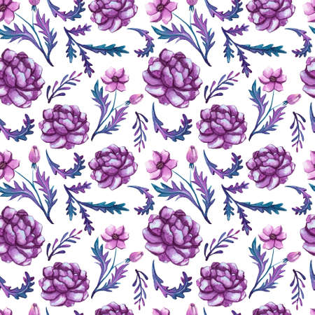 Seamless Pattern of Watercolor Deep Violet Peonies and Leavesの写真素材