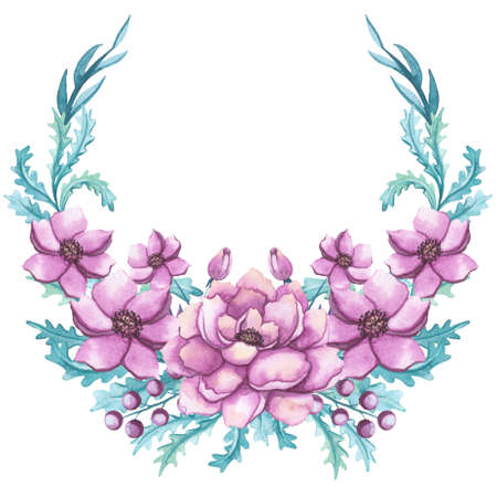 Wreath With Watercolor Pink Peonies And Light Blue Leavesの写真素材