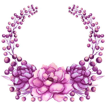 Wreath With Watercolor Bright Pink Peonies And Berriesの写真素材
