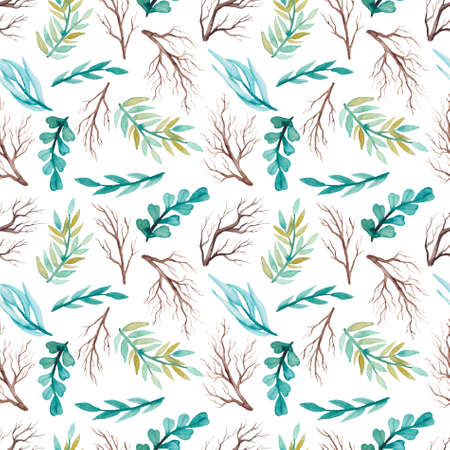 Watercolor Little Flowers And Tree Branches Seamless Textureの写真素材
