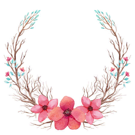 Wreath With Watercolor Bright Pink Flowers, Little Blue Leaves And Tree Branchesの写真素材