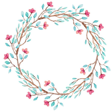 Round Wreath With Watercolor Little Flowers And Branchesの写真素材