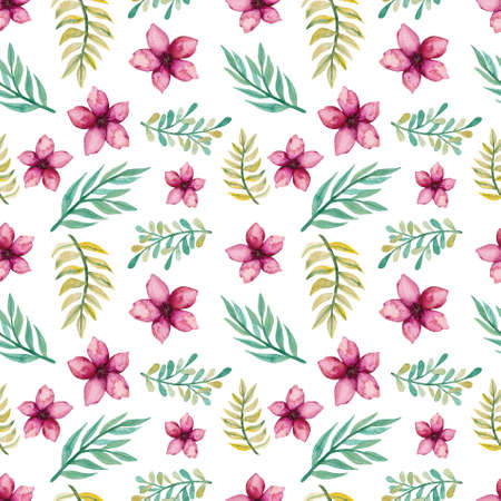 Seamless Pattern of Watercolor Deep Pink Flowers, Green and Yellow Leavesの写真素材