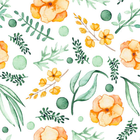 Watercolor Light Green Leaves And Yellow Flowers Seamless Patternの写真素材