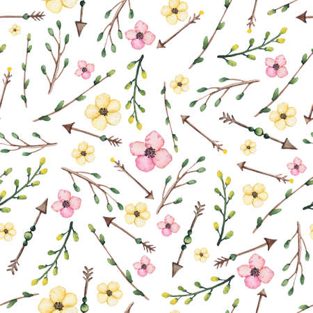 Watercolor Leaves, Arrows, Yellow And Pink Flowers Seamless Patternの写真素材