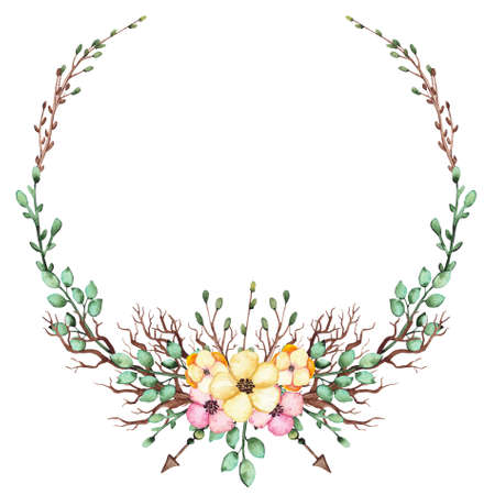 Wreath With Watercolor Yellow And Pink Flowers, Green Leaves And Arrowsの写真素材