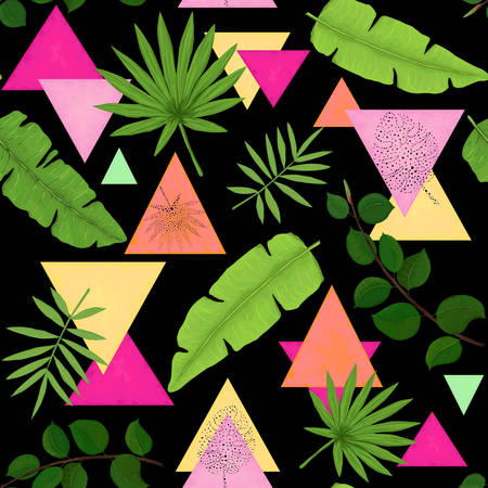 Vivid Seamless Pattern of Tropical Green Leaves, Pink and Yellow Triangles on Black Backgroundのイラスト素材