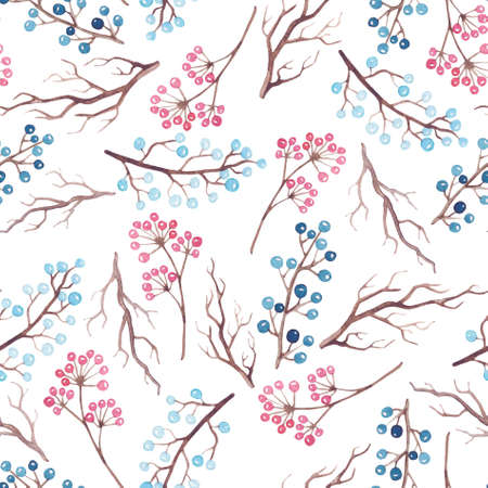 Seamless Pattern of Watercolor Little Blue and Red Berriesの写真素材