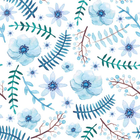 Watercolor Light Blue Berries, Flowers and Leaves Seamless Patternの写真素材