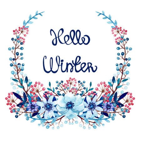 Wreath with Watercolor Winter Flowers and Bright Red Berriesの写真素材