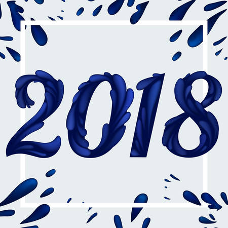 2018 New Year Card with Deep Blue Splashes and Drops. Vector Illustrationのイラスト素材