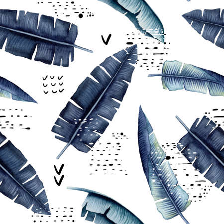 Doodle Seamless Pattern of Watercolor Black Dots and Realistic Dark Banana Leaves