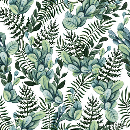 Herbal Seamless Pattern of Watercolor Deep Green Fernsの写真素材
