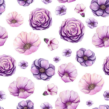 Seamless Pattern of Watercolor Wild Flowers in Pink and Purple Colorsの写真素材