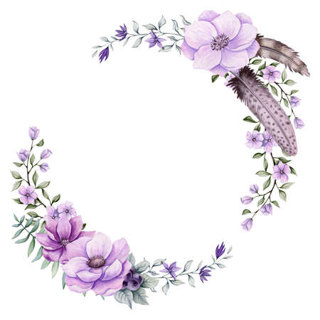 Floral Wreath with Watercolor Light Pink Flowers and Brown Feathersの写真素材