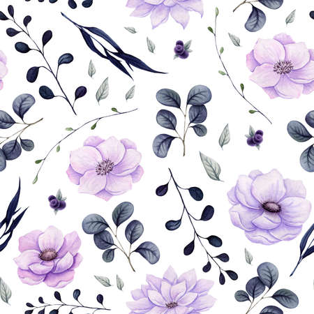 Floral Seamless Pattern of Watercolor Dark Leaves and Pastel Colored Flowersの写真素材