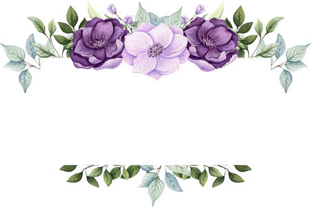 Floral Frame with Watercolor Light Green Leaves and Pink Anemoneの写真素材